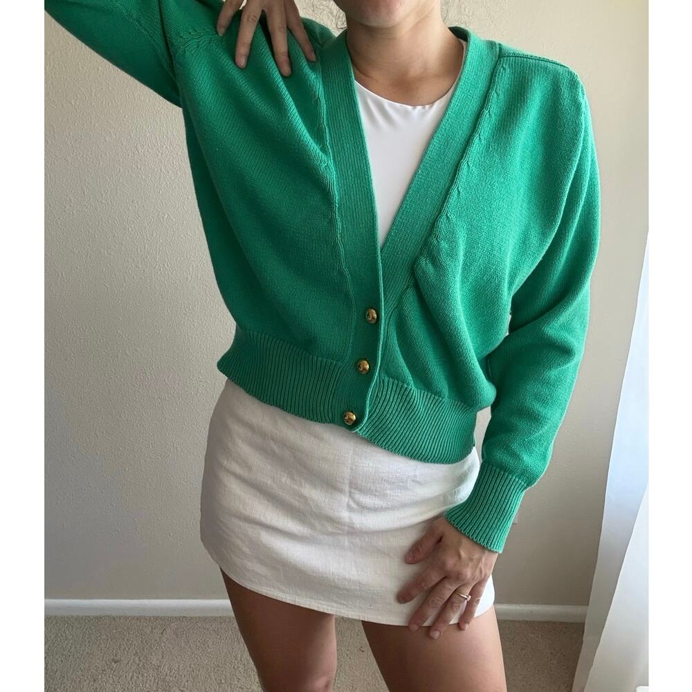 Vintage 80s Green Cardigan gold buttons preppy cotton old money retro grandma